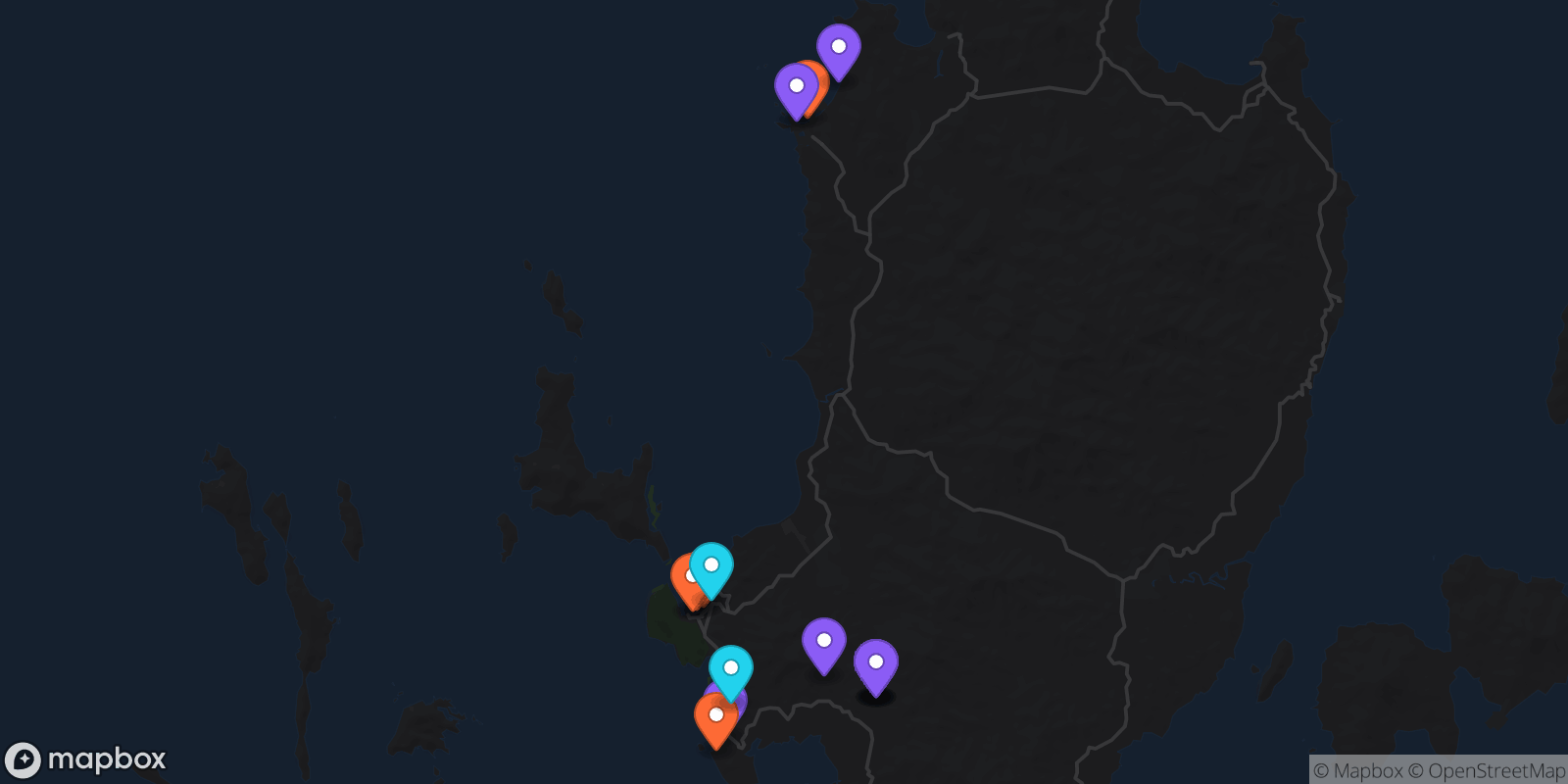 Map showing 15 locations