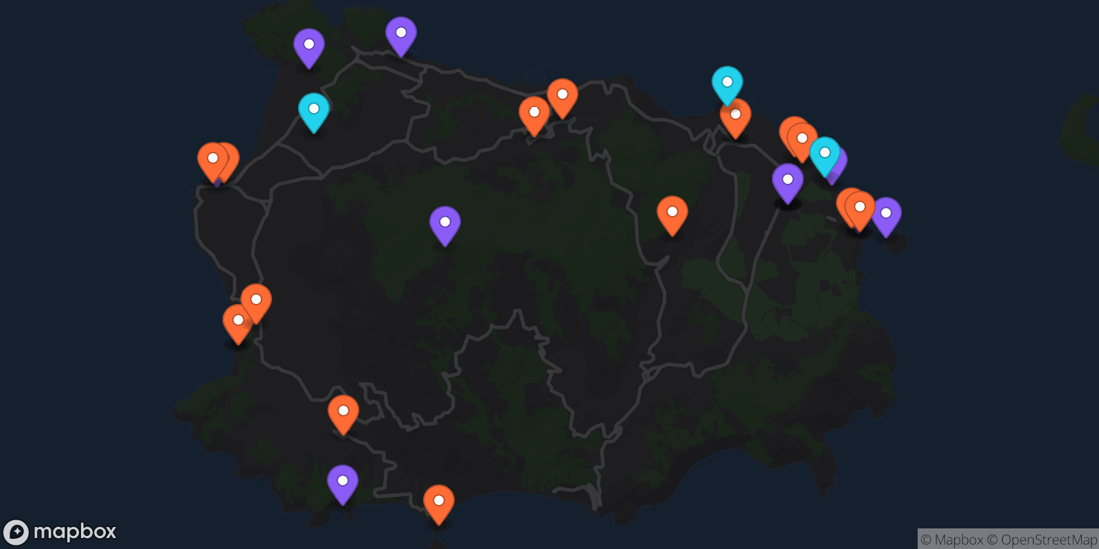 Map showing 33 locations