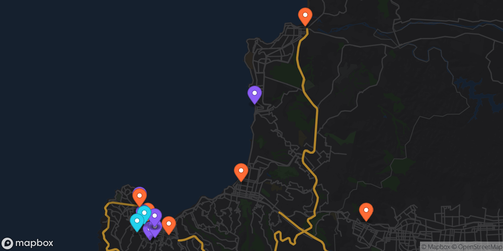 Map showing 16 locations
