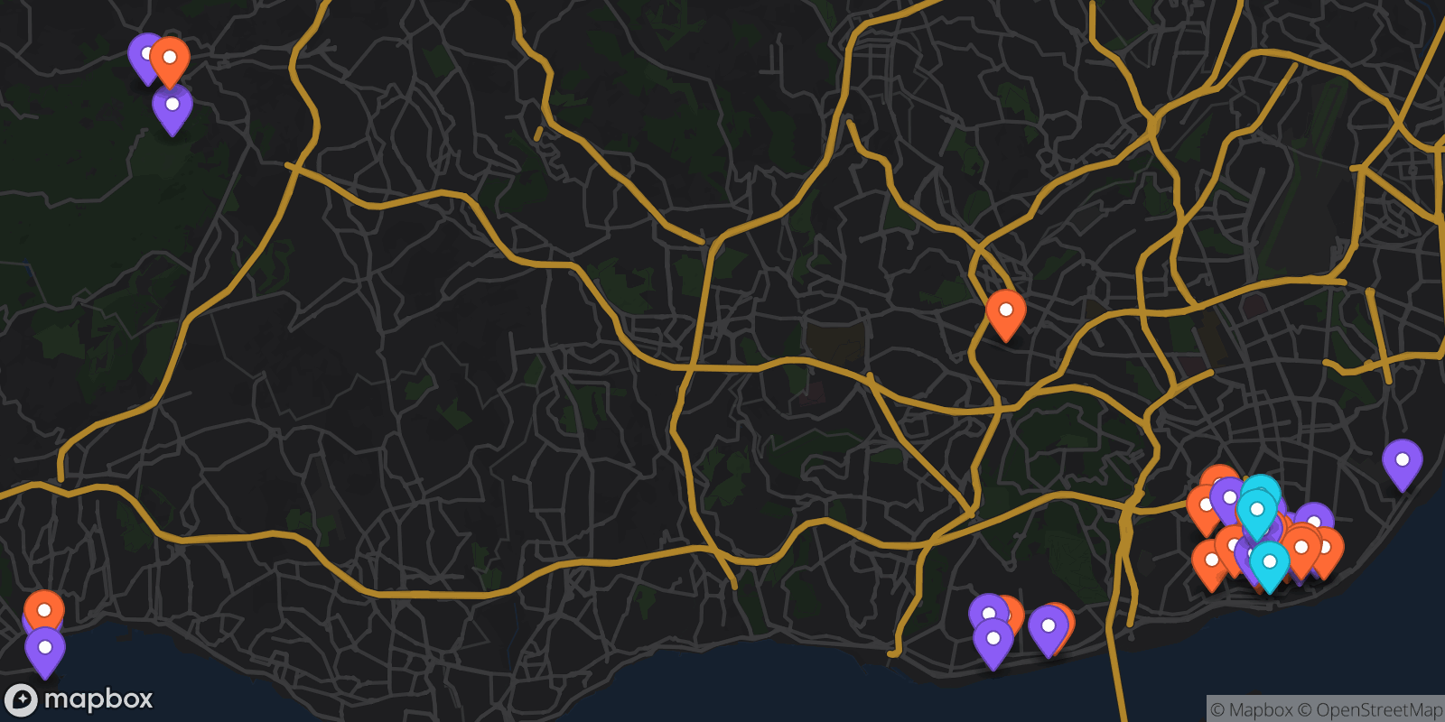 Map showing 43 locations