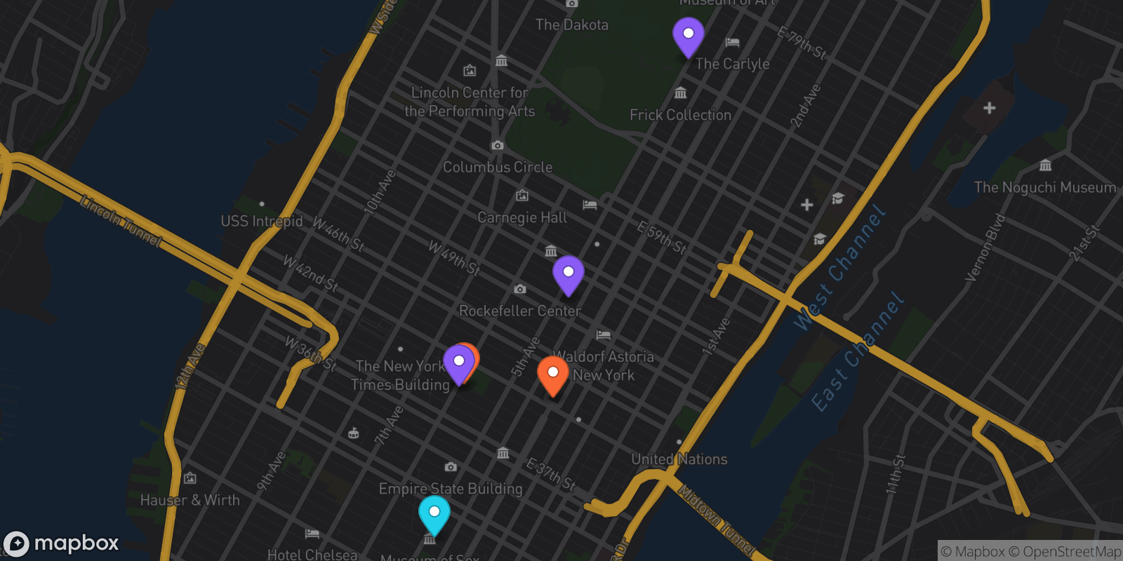 Map showing 6 locations