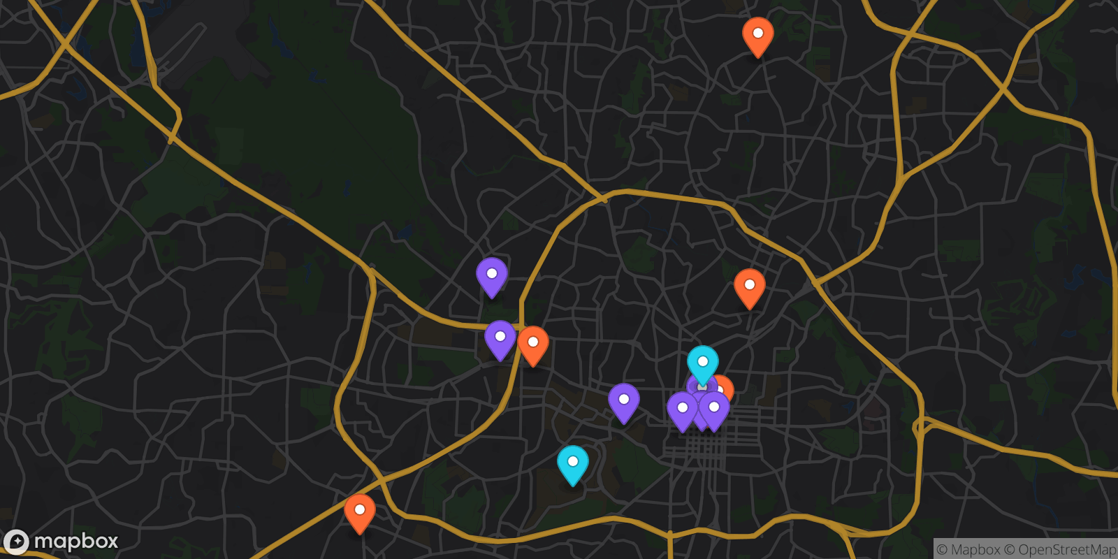 Map showing 15 locations