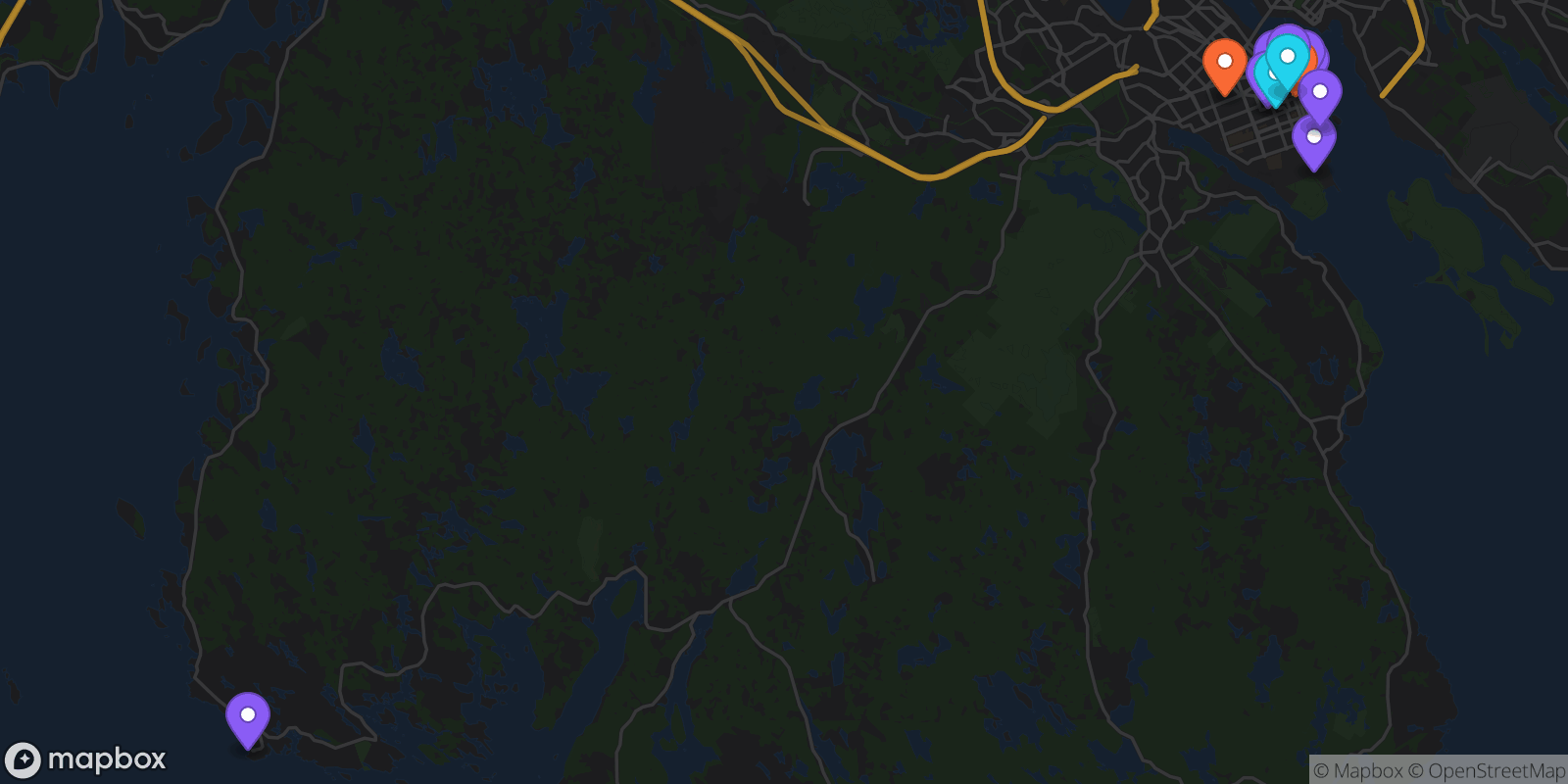 Map showing 13 locations