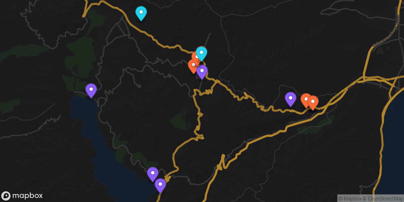 Map showing 15 locations