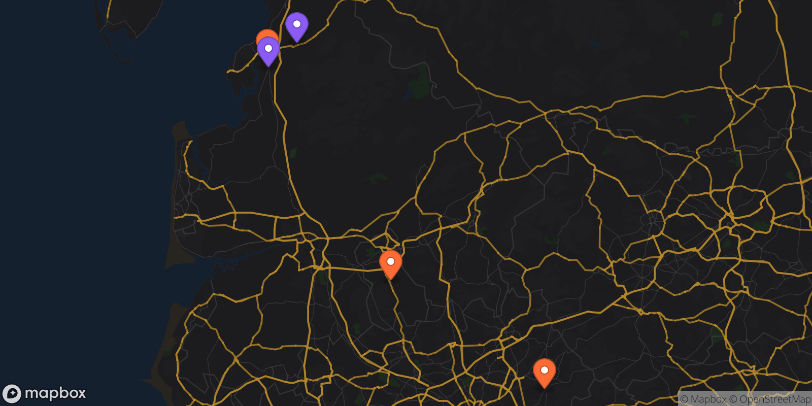 Map showing 5 locations