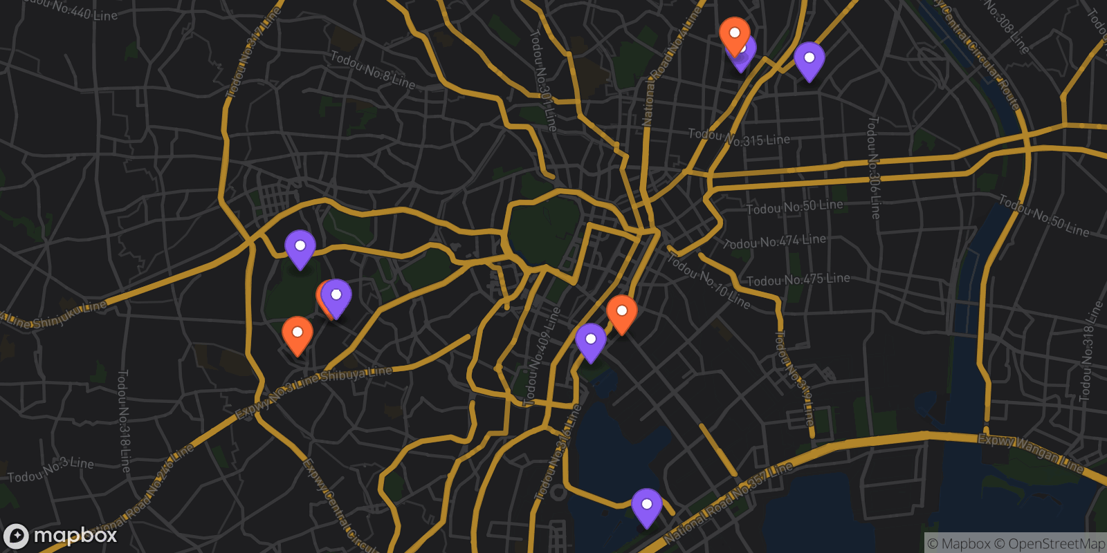 Map showing 10 locations