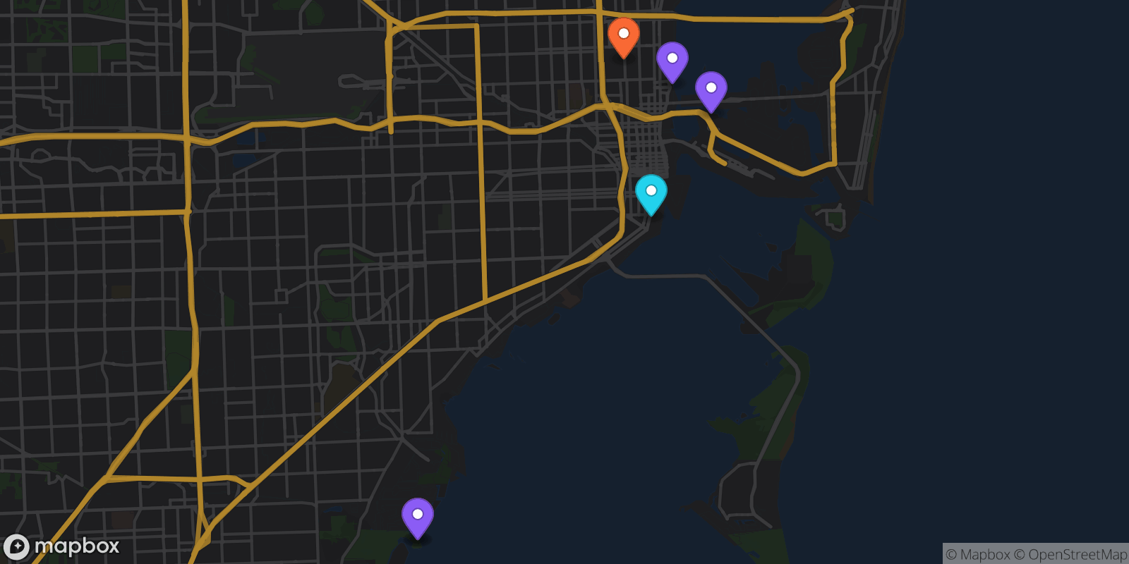 Map showing 6 locations