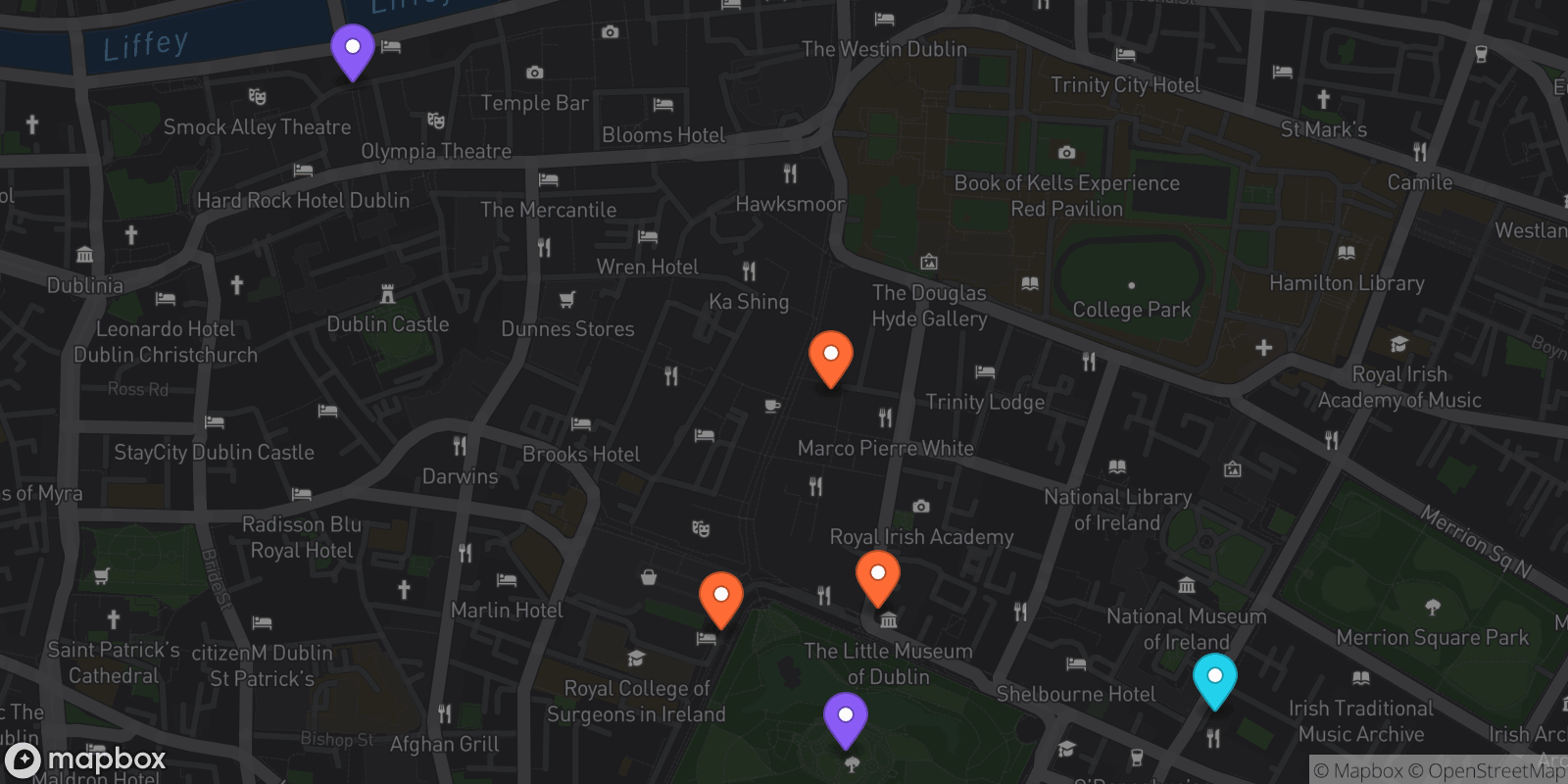 Map showing 6 locations