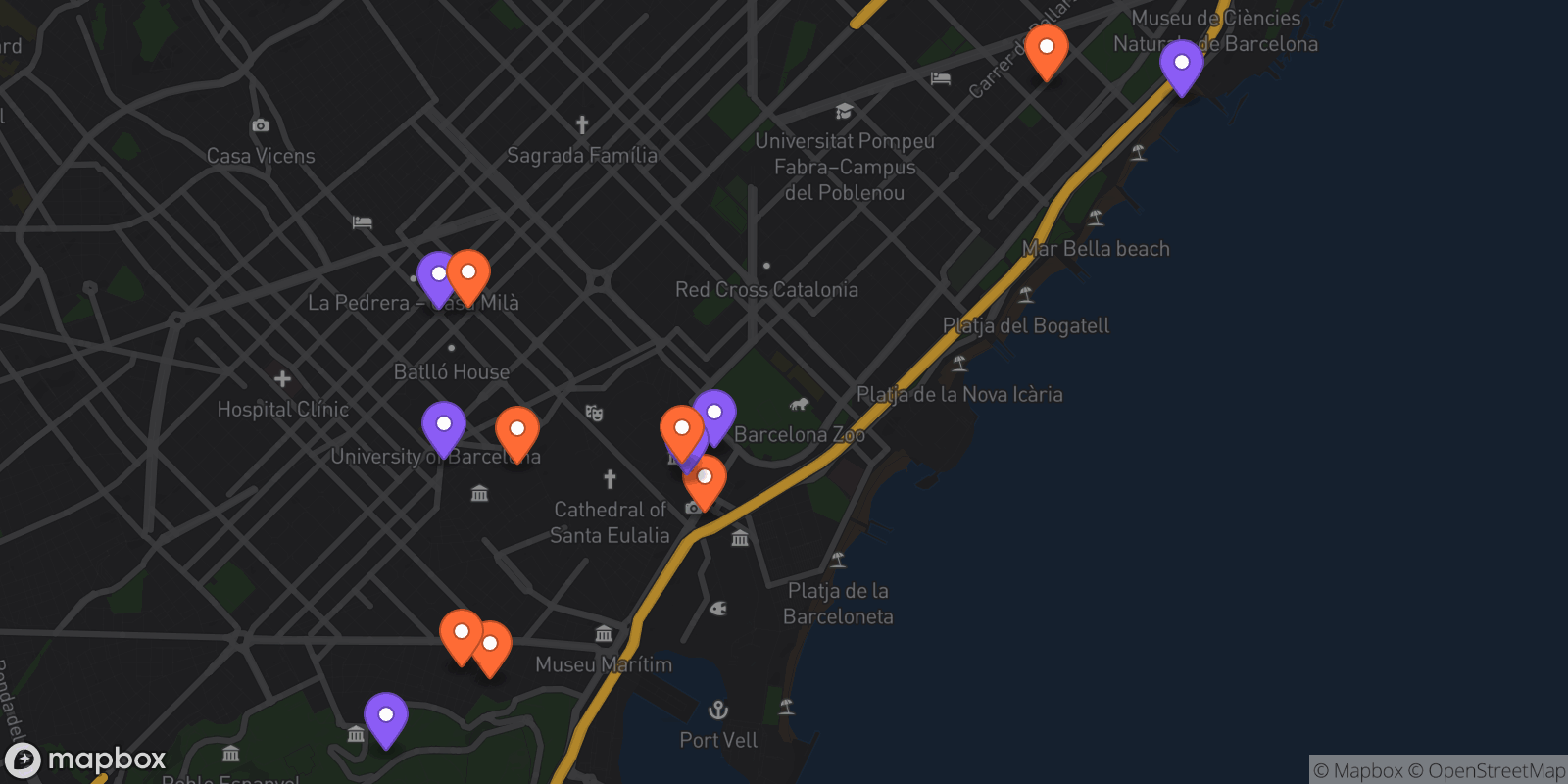 Map showing 13 locations