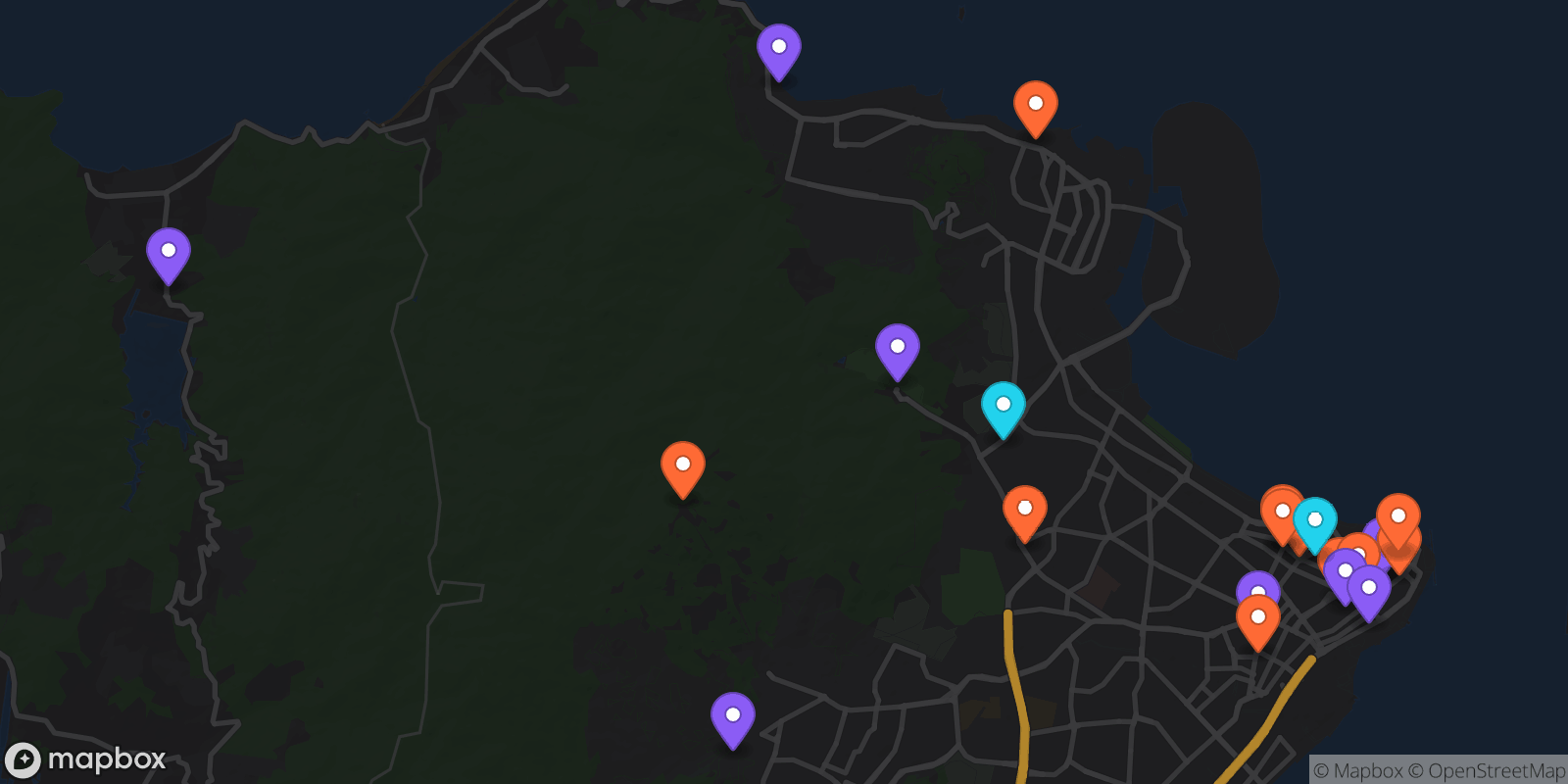 Map showing 21 locations