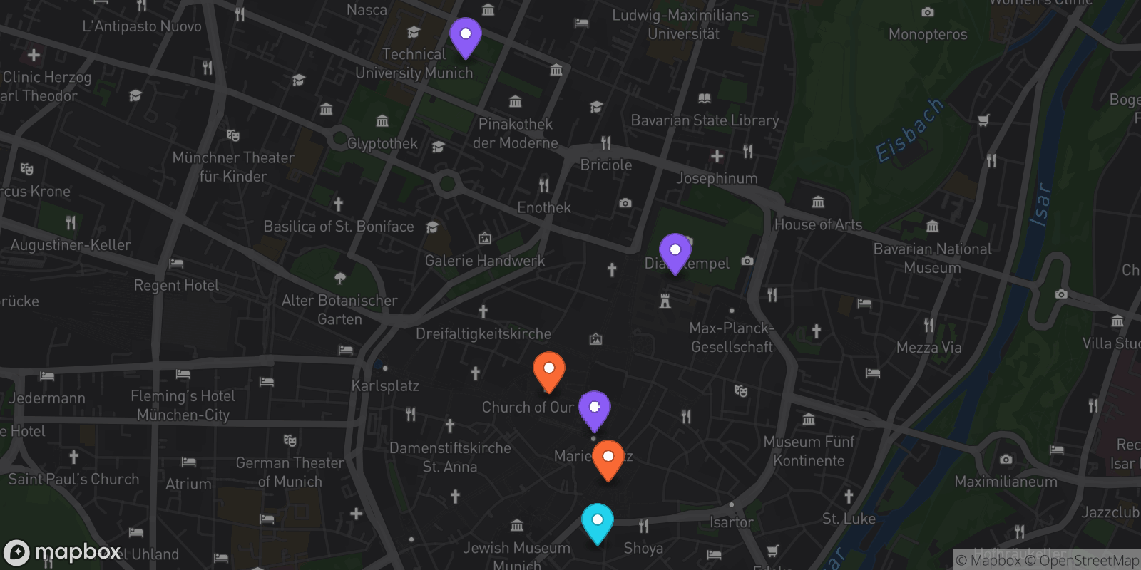 Map showing 6 locations
