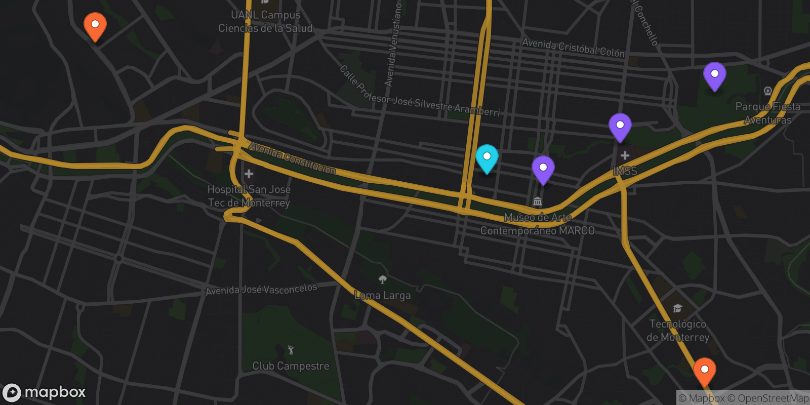 Map showing 6 locations