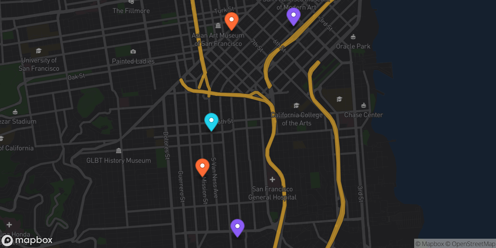 Map showing 5 locations