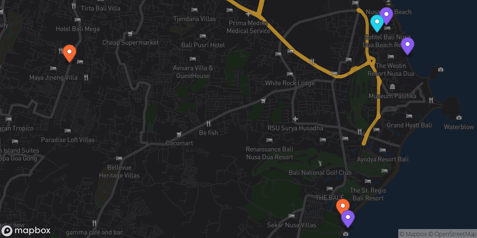 Map showing 6 locations