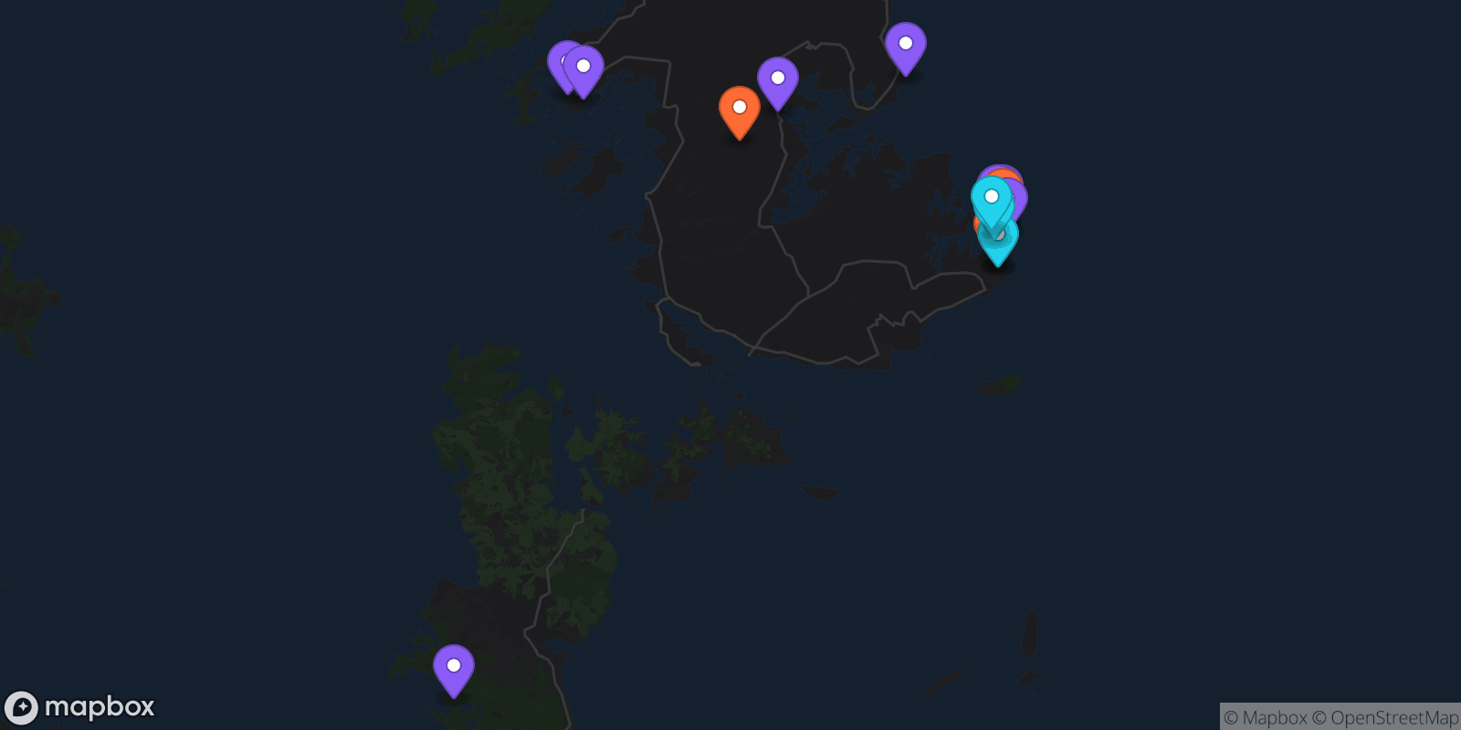 Map showing 19 locations