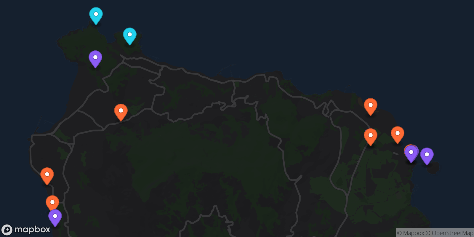Map showing 15 locations