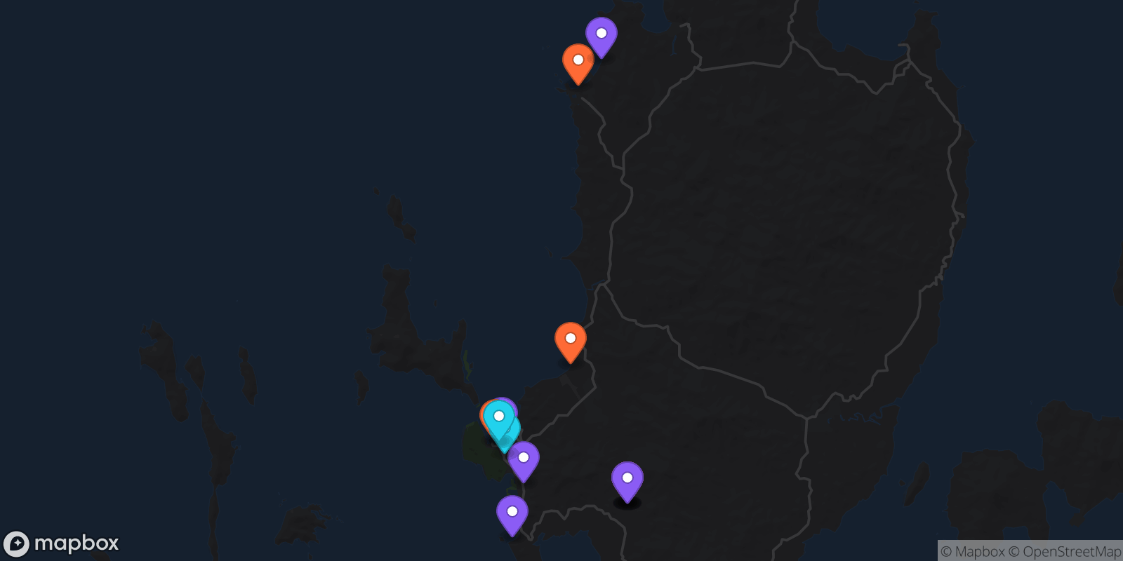 Map showing 14 locations