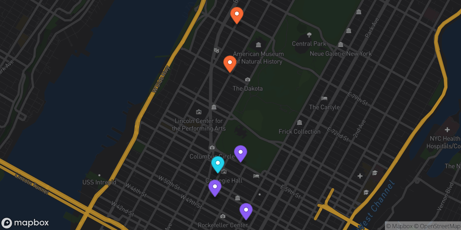 Map showing 6 locations
