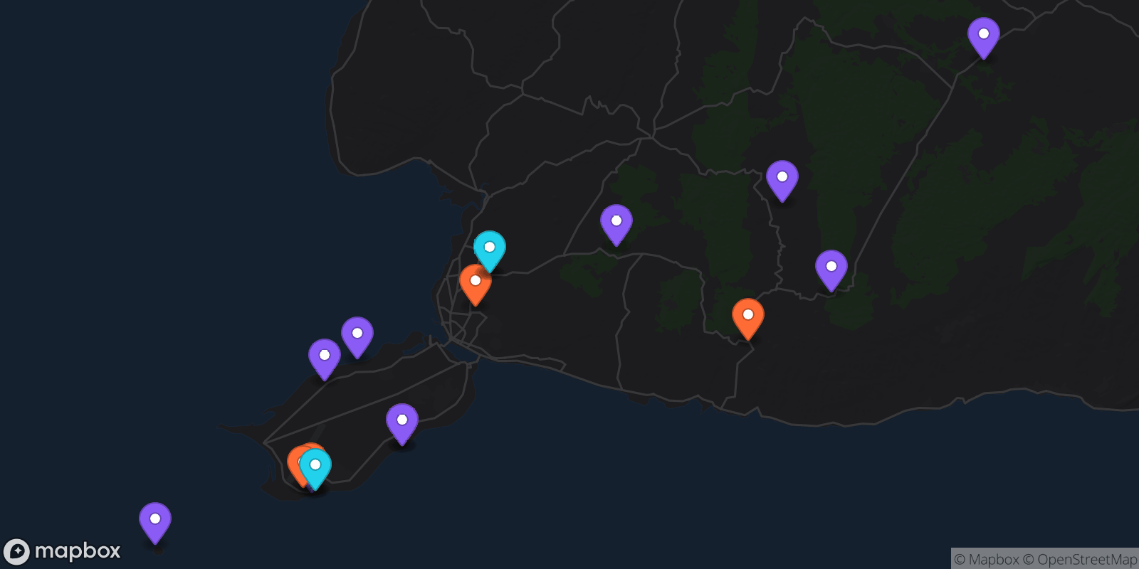Map showing 18 locations