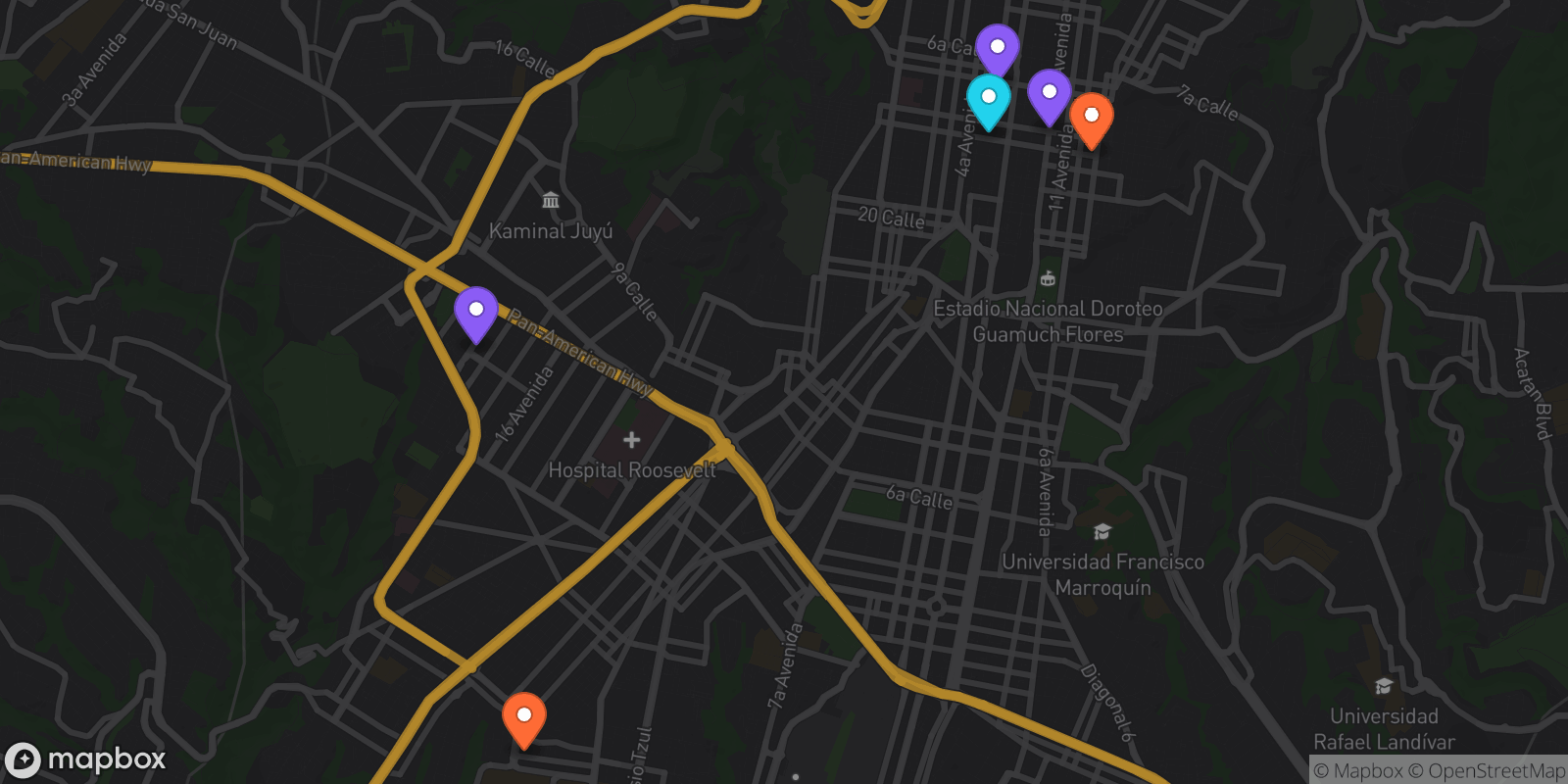 Map showing 6 locations