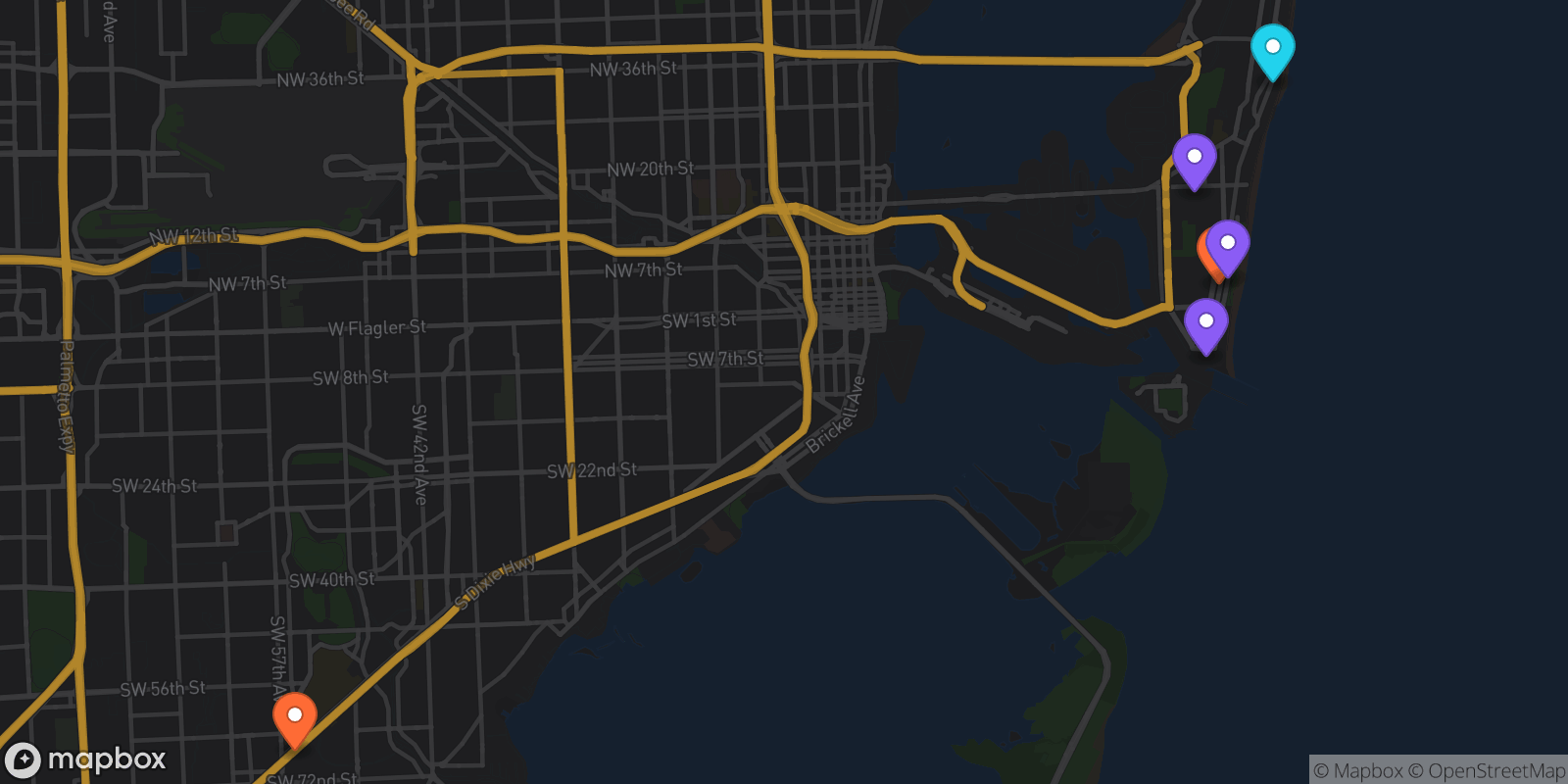 Map showing 6 locations
