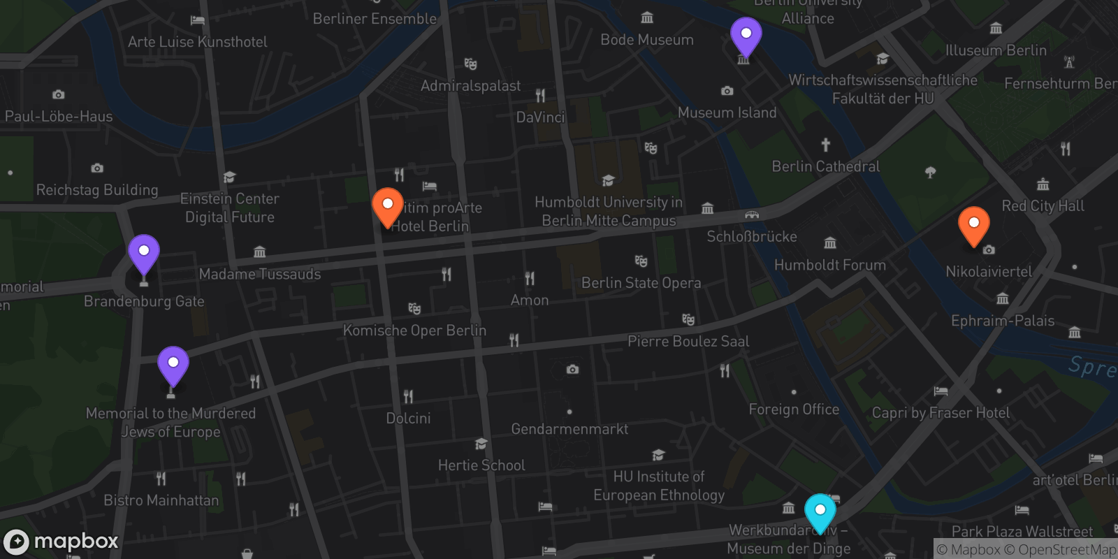 Map showing 6 locations