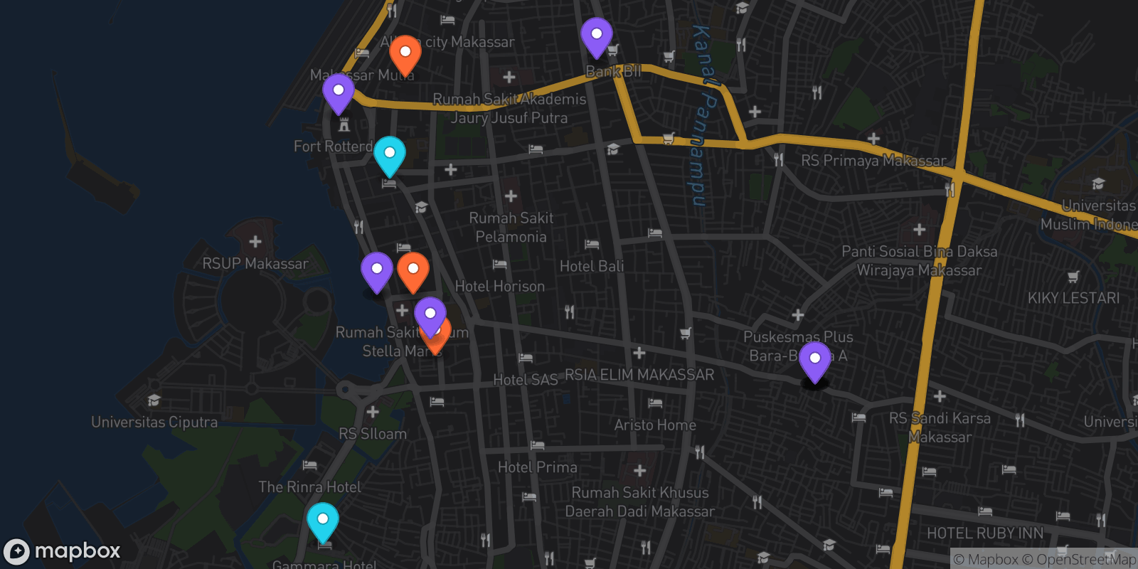 Map showing 18 locations