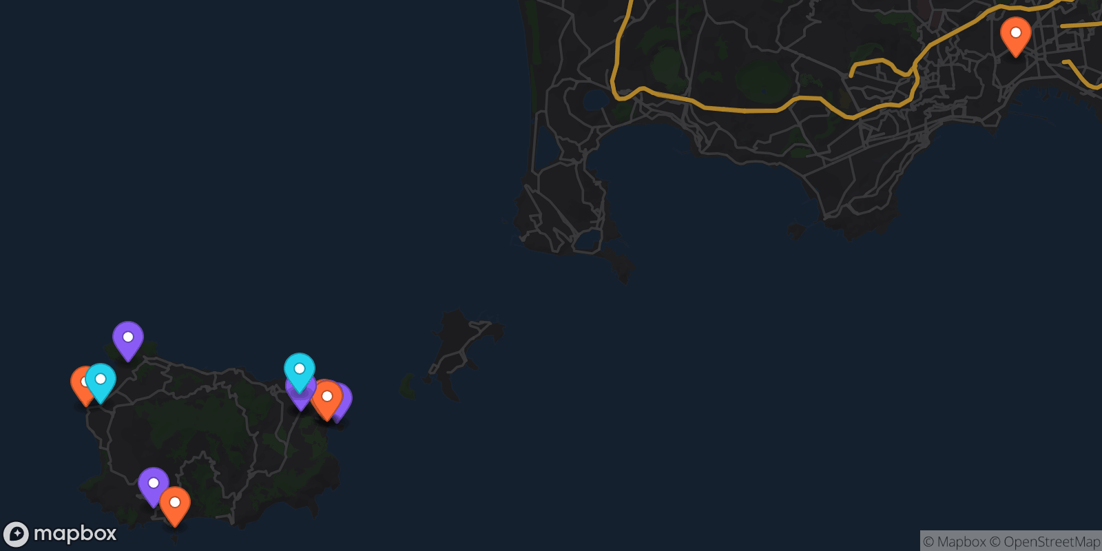 Map showing 13 locations
