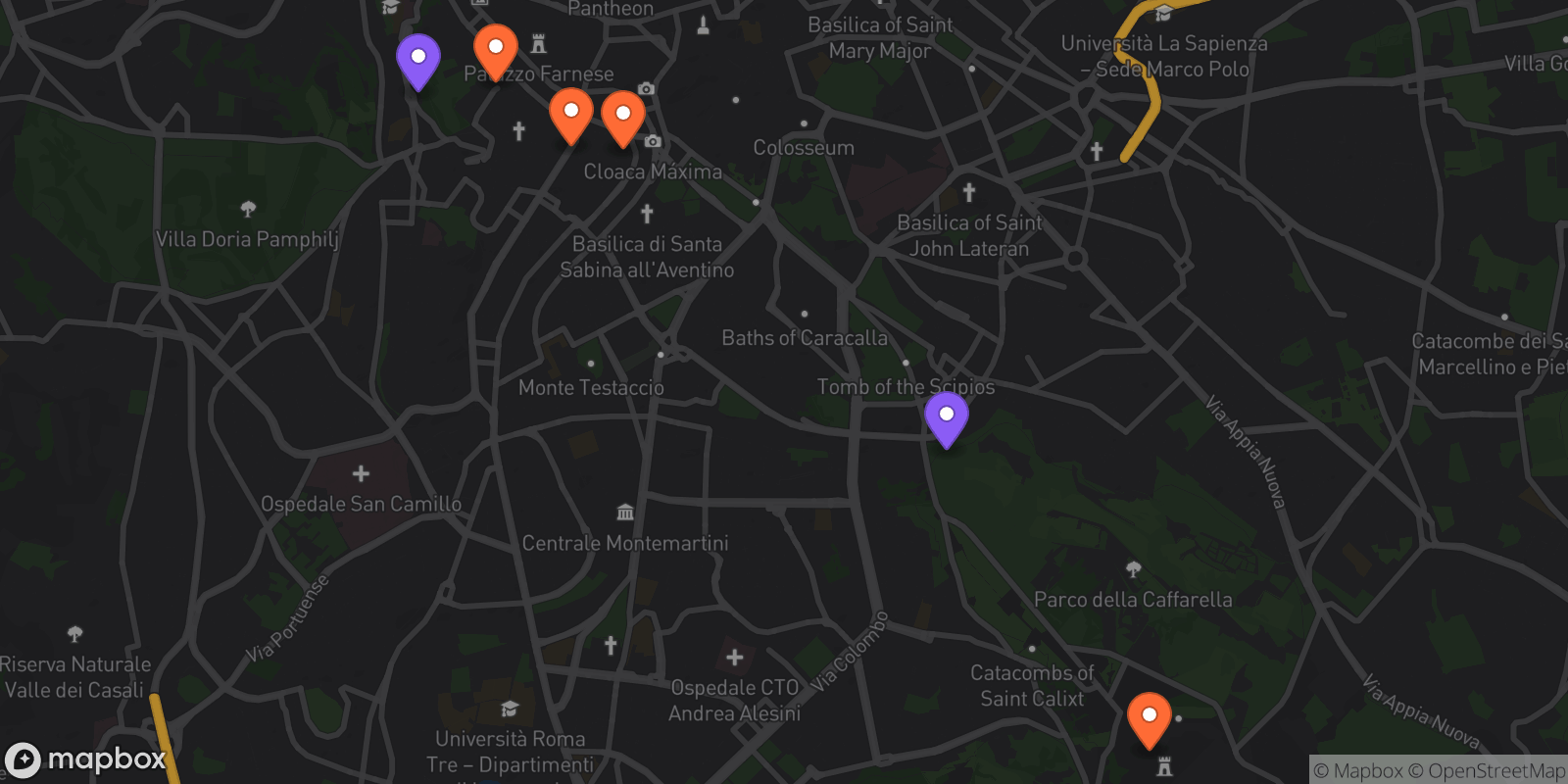 Map showing 6 locations