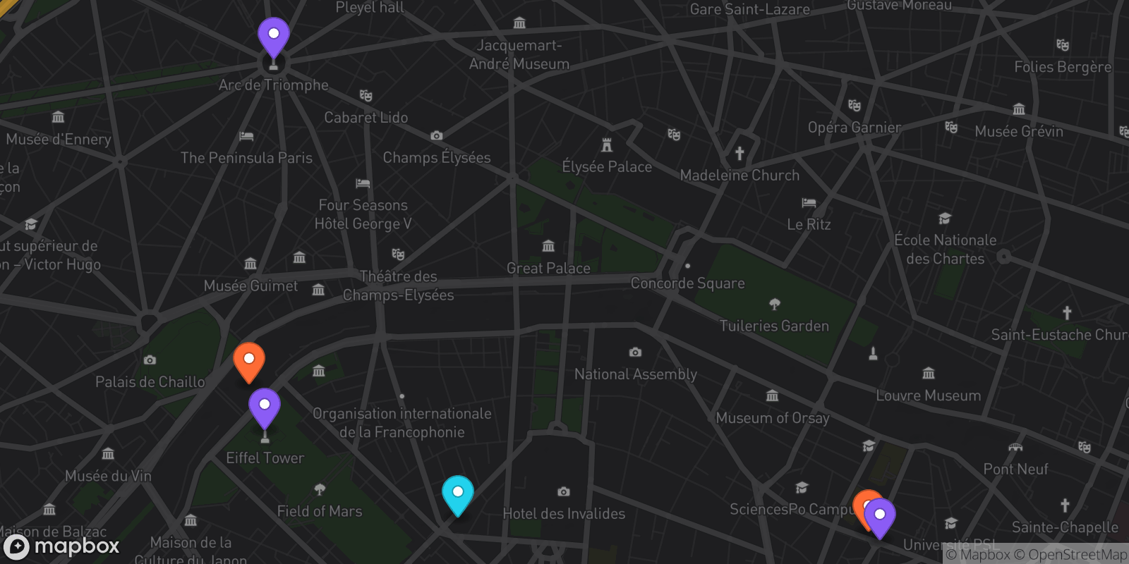 Map showing 6 locations
