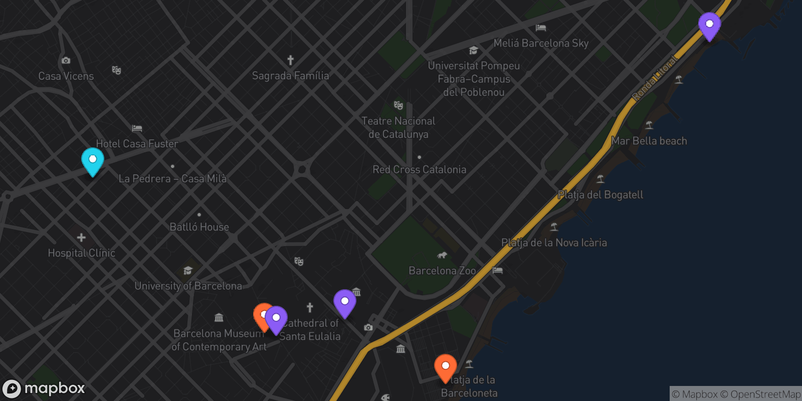 Map showing 6 locations