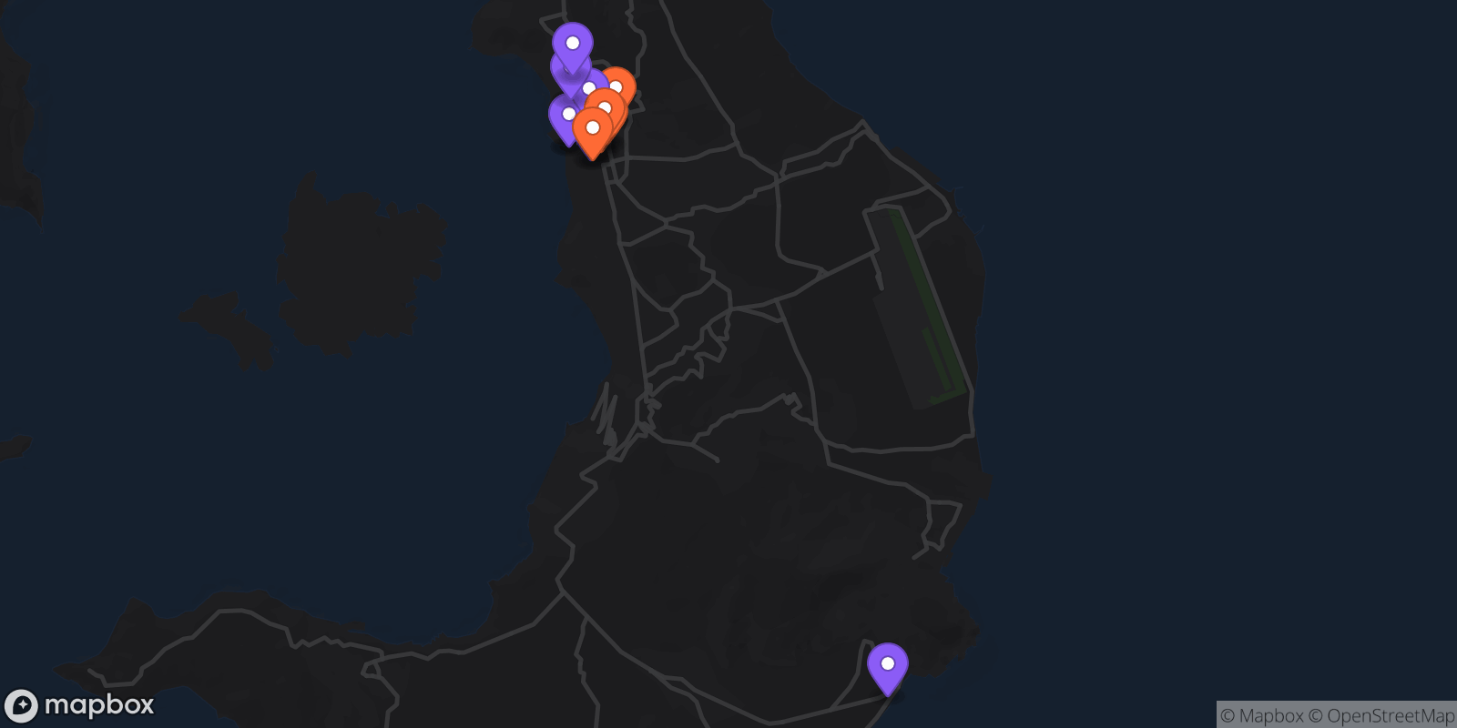 Map showing 16 locations