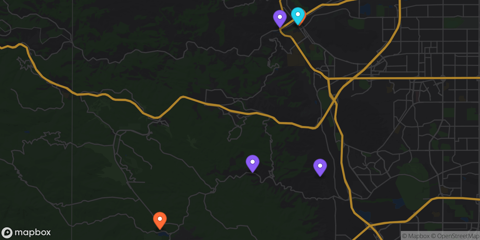 Map showing 6 locations