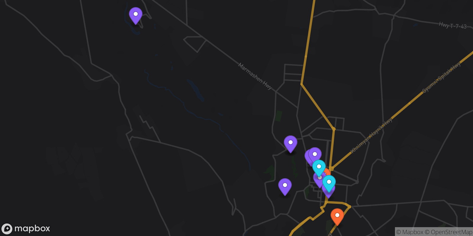 Map showing 15 locations