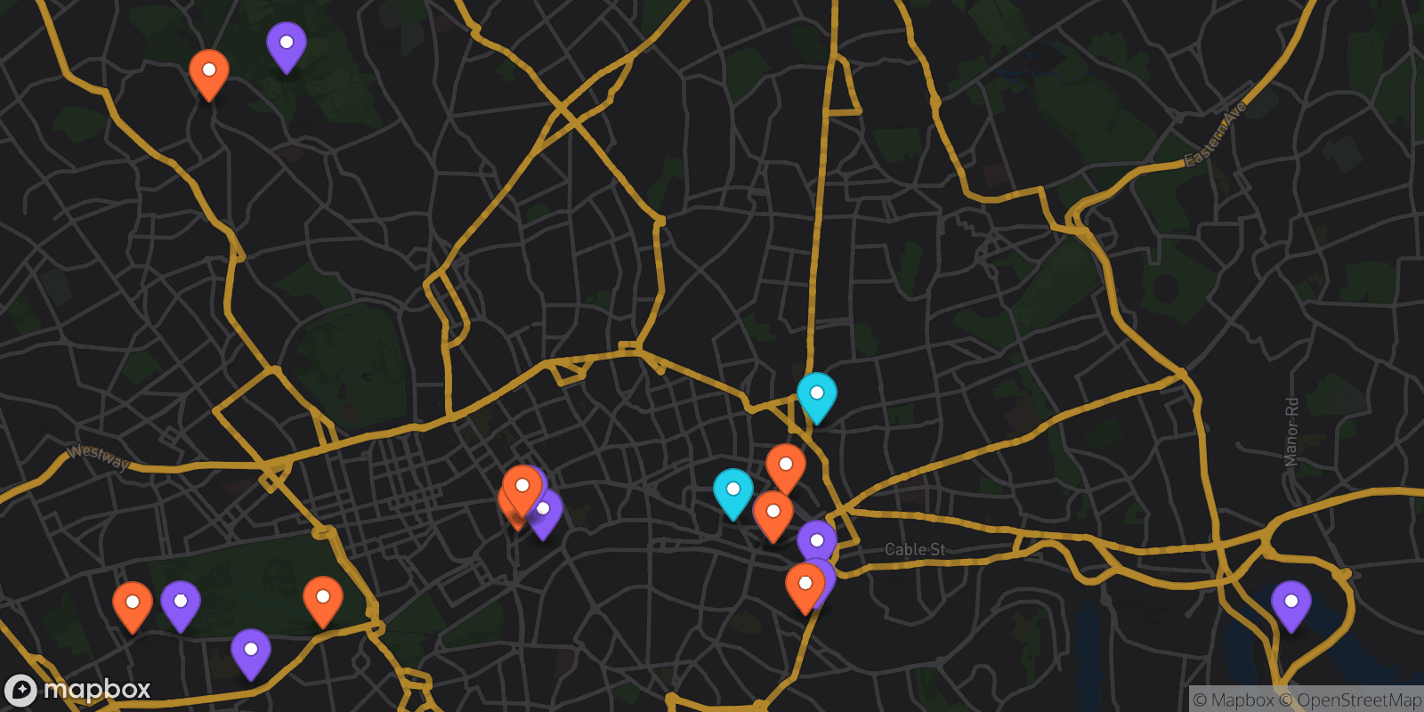 Map showing 19 locations
