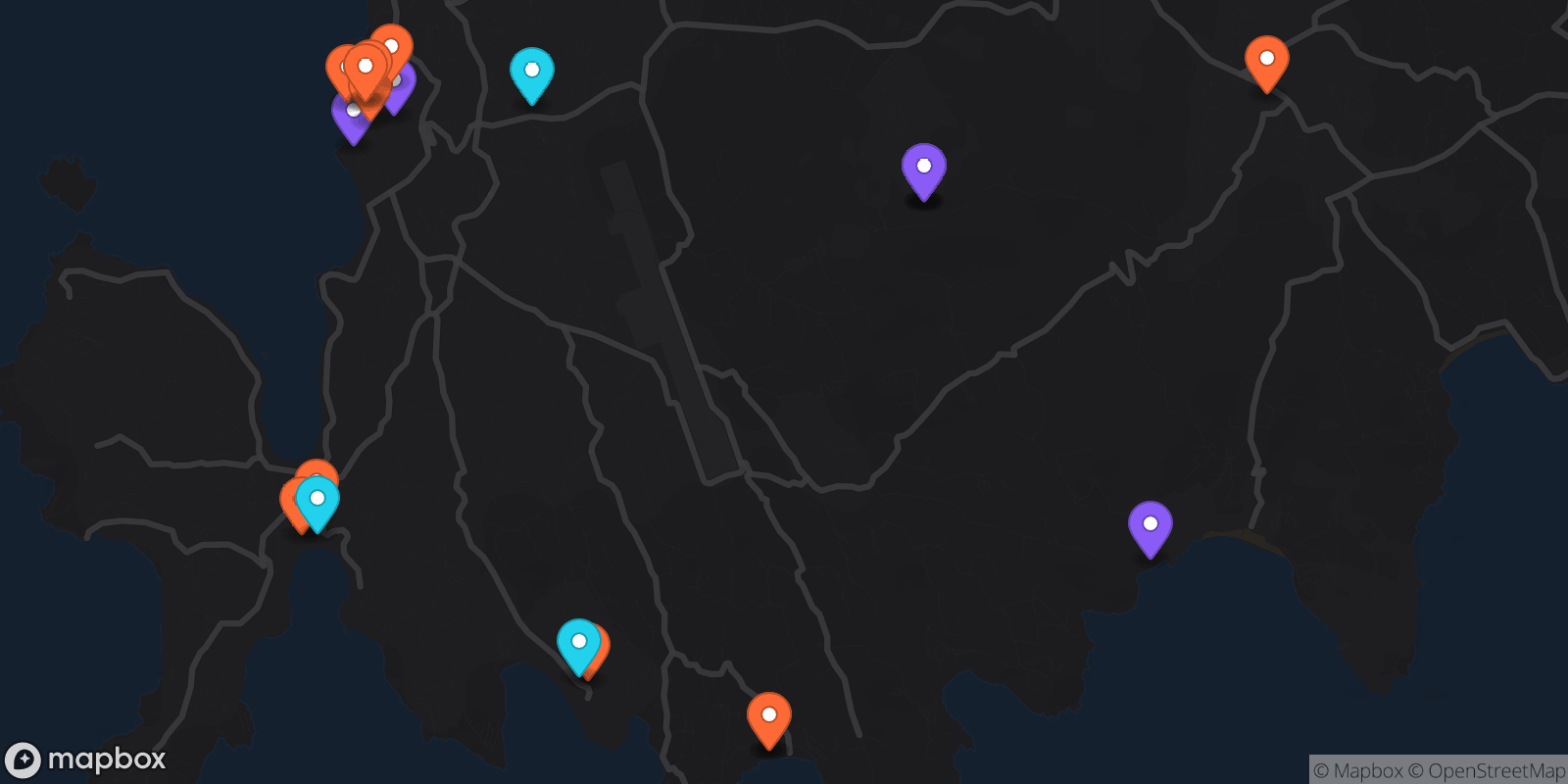 Map showing 21 locations