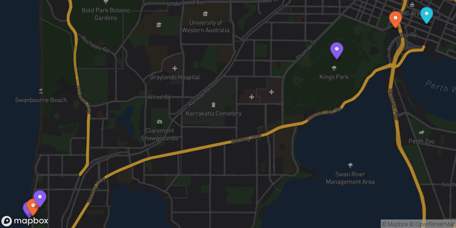 Map showing 6 locations