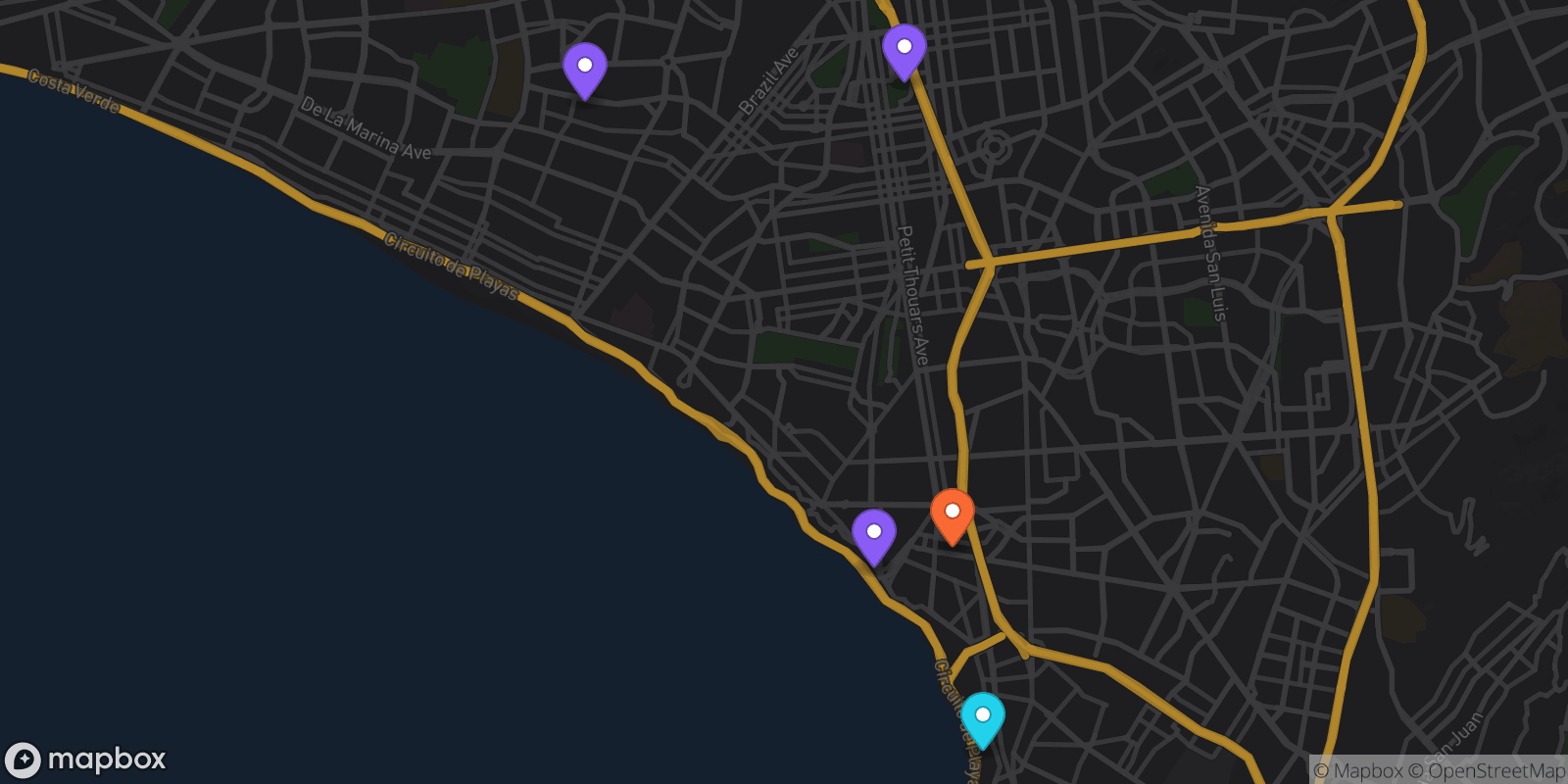 Map showing 5 locations