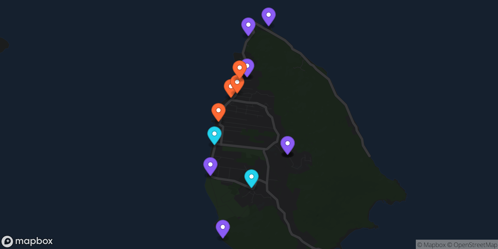 Map showing 16 locations