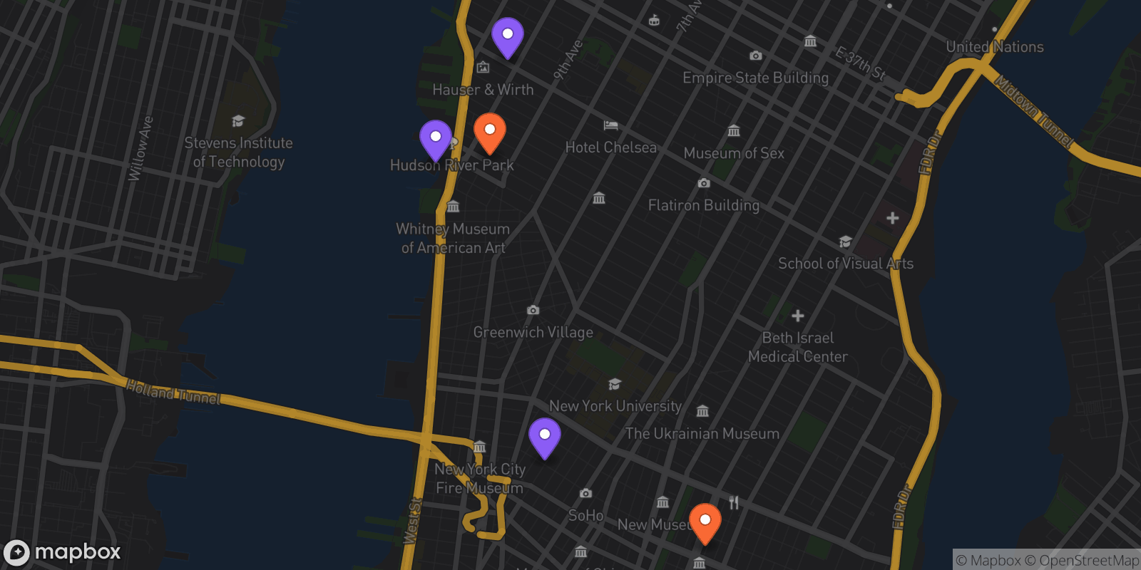 Map showing 5 locations