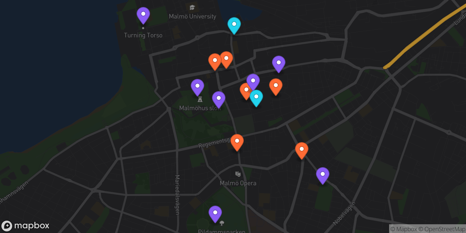 Map showing 15 locations