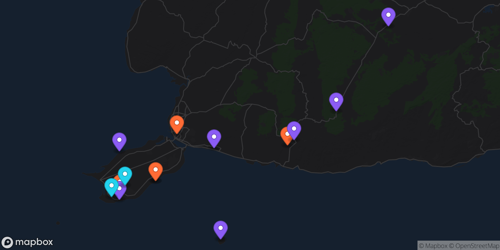Map showing 14 locations