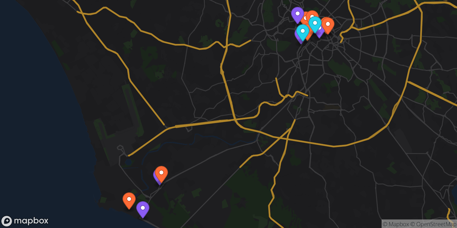Map showing 16 locations