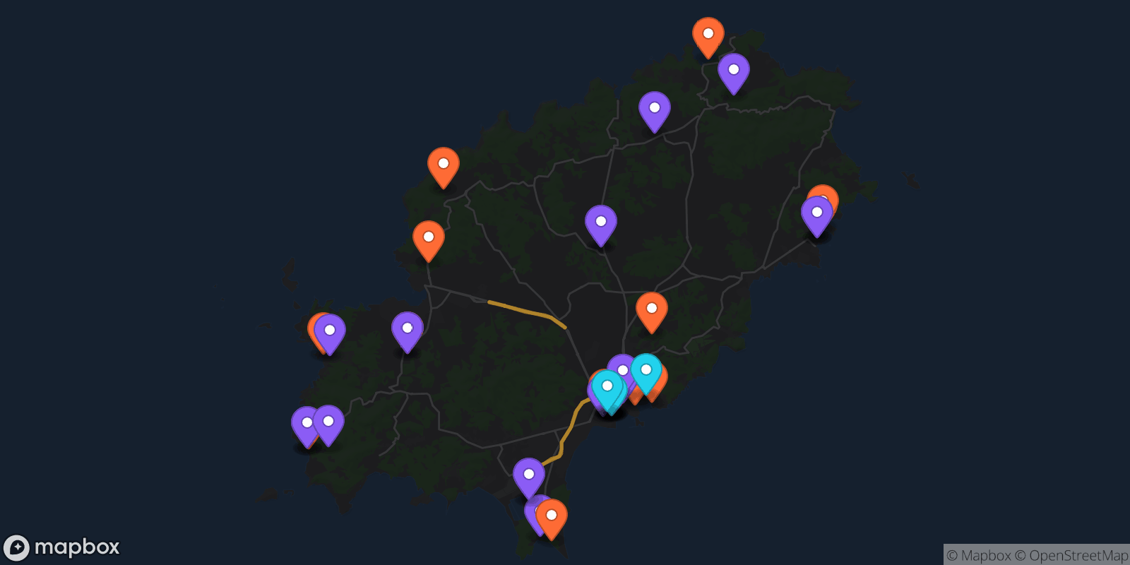 Map showing 47 locations