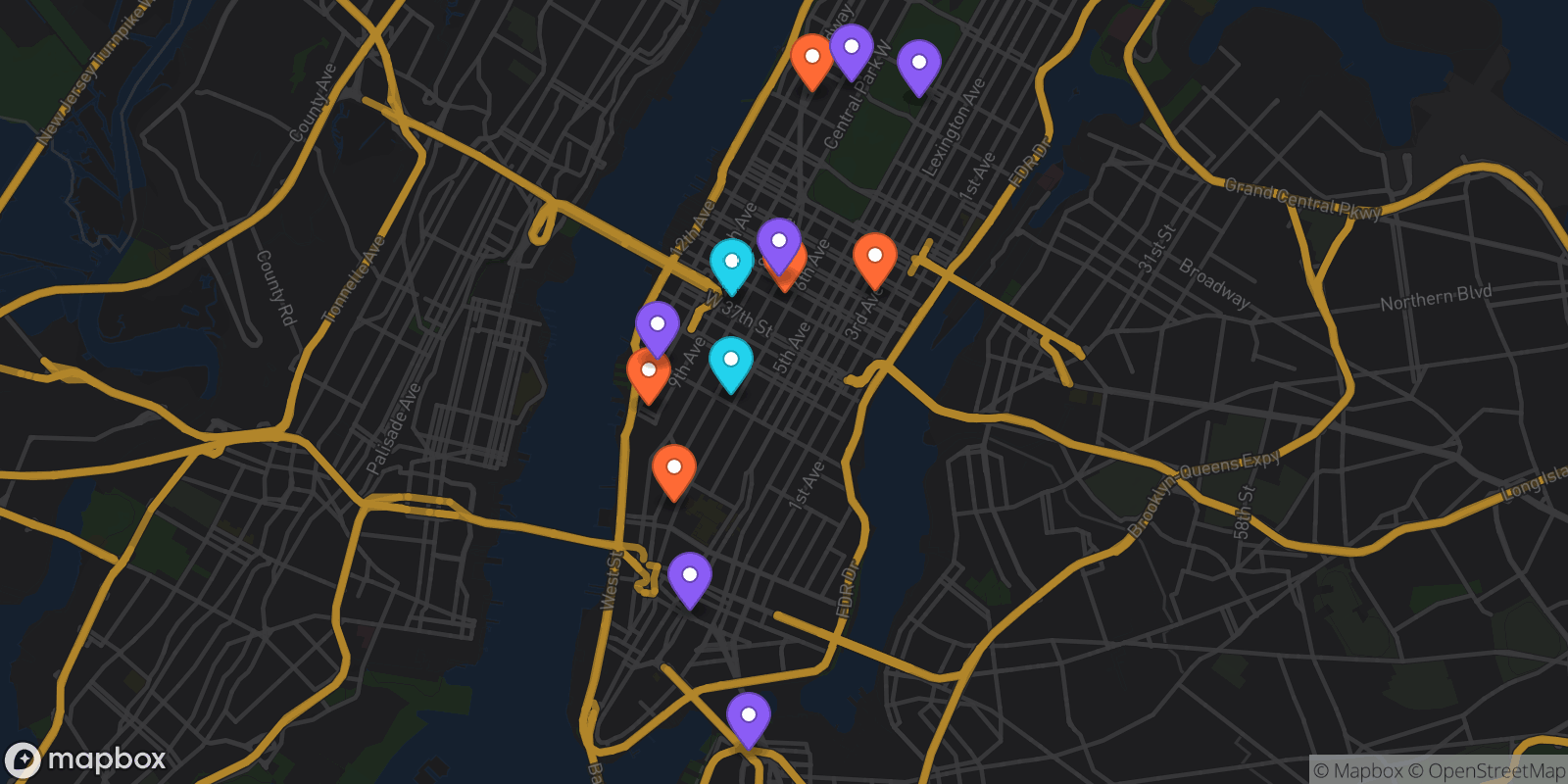 Map showing 13 locations