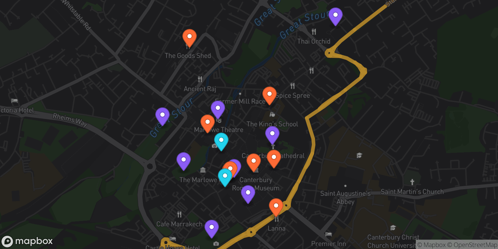 Map showing 18 locations