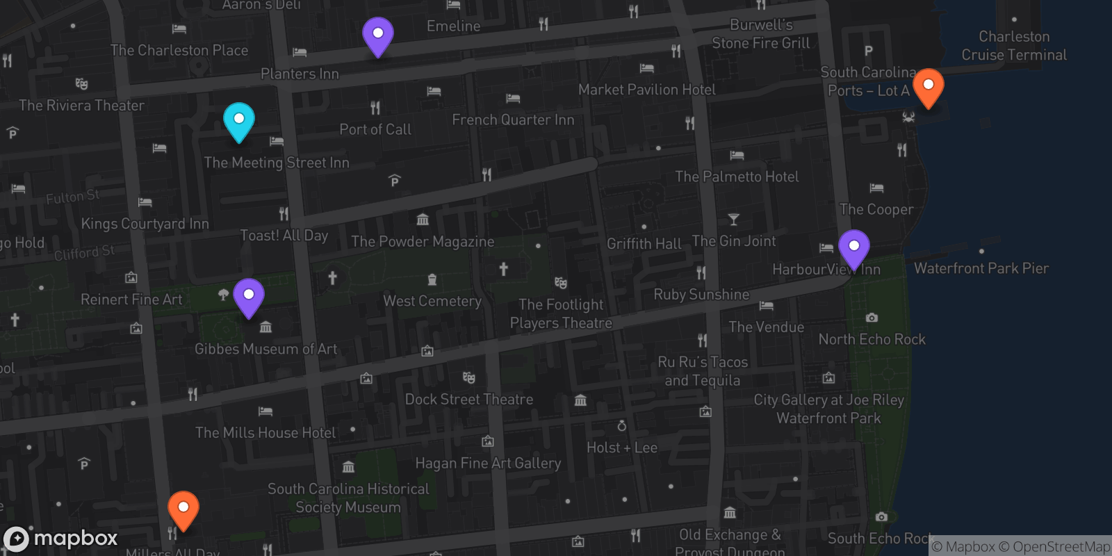 Map showing 6 locations