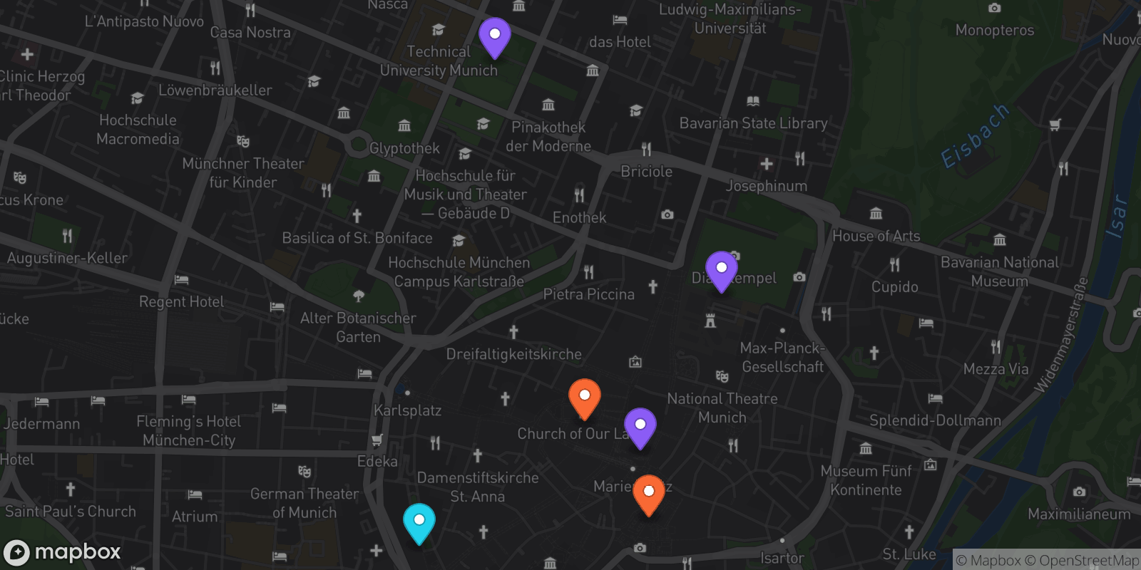 Map showing 6 locations