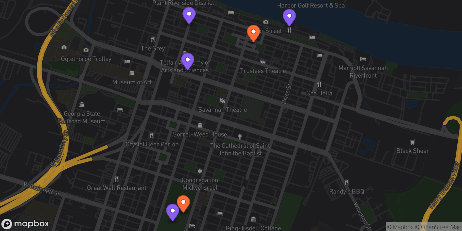 Map showing 6 locations