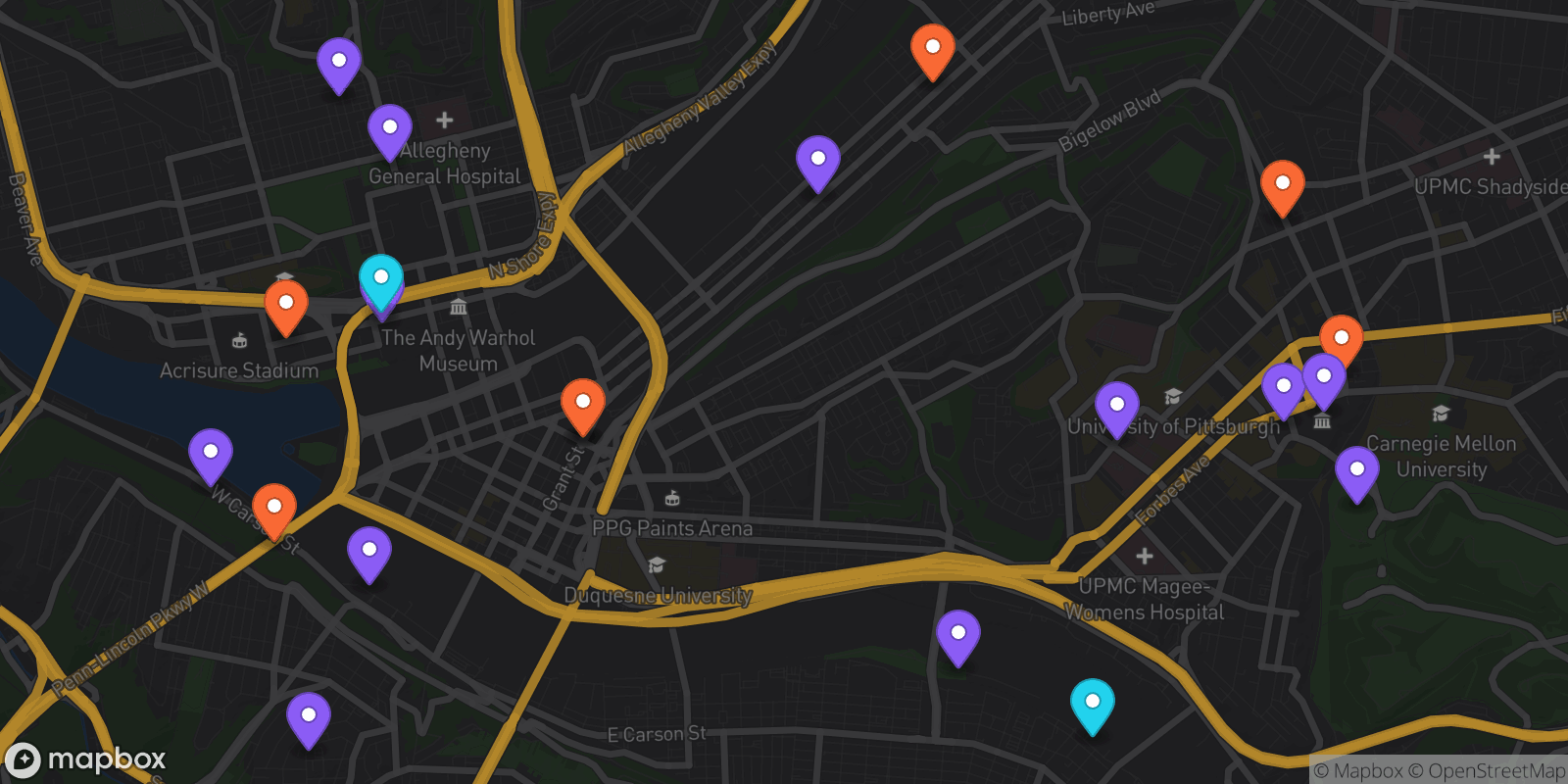 Map showing 21 locations
